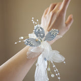 Load image into Gallery viewer, Fabric Beaded Flower Blue Corsage Bracelet