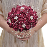 Load image into Gallery viewer, Satin Roses with Pearls Handmade Wedding Bouquet
