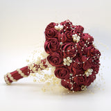 Load image into Gallery viewer, Satin Roses with Pearls Handmade Wedding Bouquet