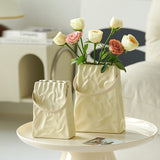 Load image into Gallery viewer, White Cream Crinkle Paper Bag Ceramic Vase