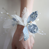 Load image into Gallery viewer, Fabric Beaded Flower Blue Corsage Bracelet